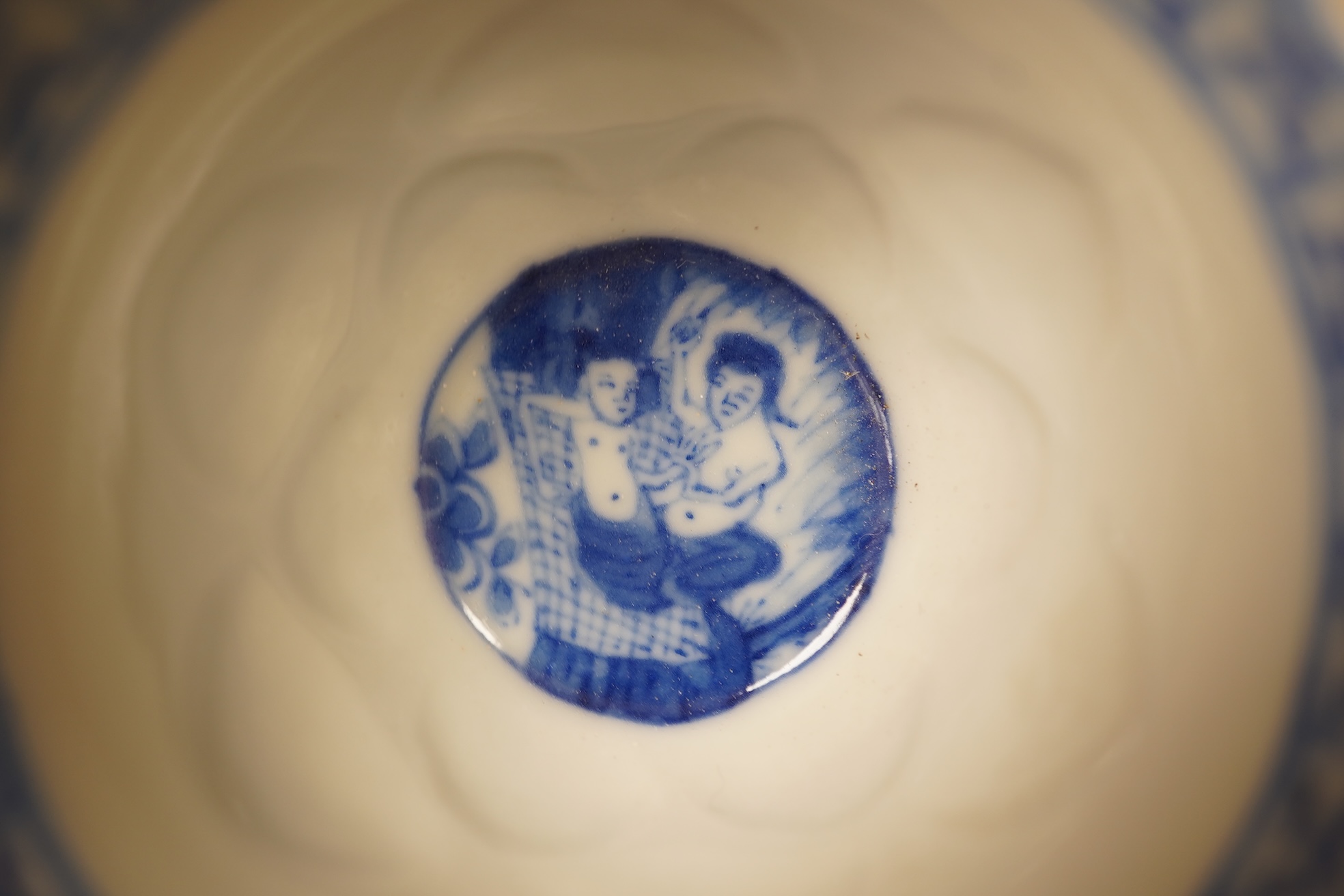 Two Chinese blue and white tea bowls and saucers, saucer 10cm diameter.
